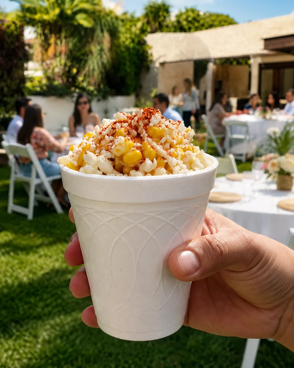 Esquite servido al momento en un evento al aire libre con invitados al fondo